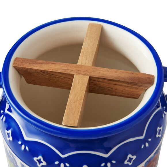 Pioneer Woman Heritage Floral Utensil Crock Blue Red Stoneware Wood Insert - Picture 3 of 4